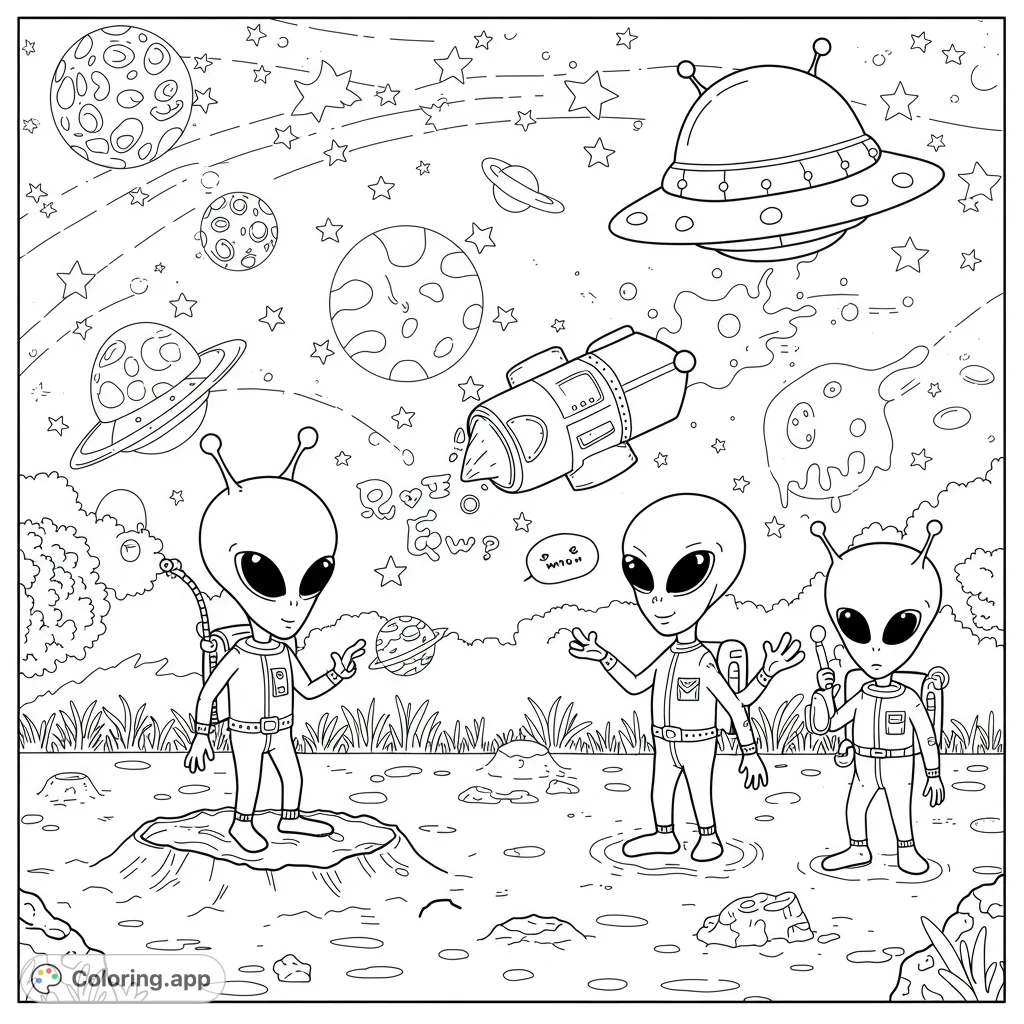 Explore an exciting alien encounter! Three friendly aliens on an alien planet with spaceships, planets, and stars.