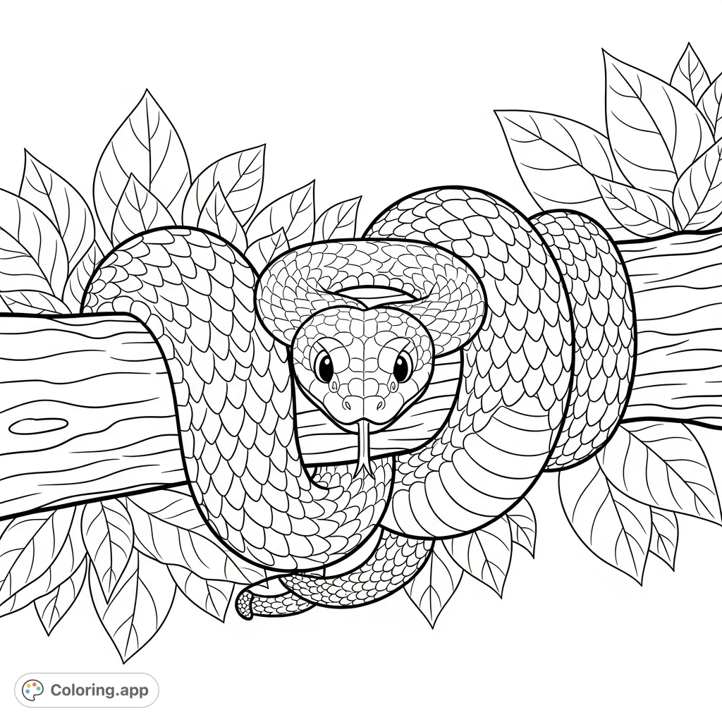 A charming snake with friendly eyes cozily coiled around a branch, surrounded by lush leaves. Perfect for nature lovers and a delightful coloring experience.