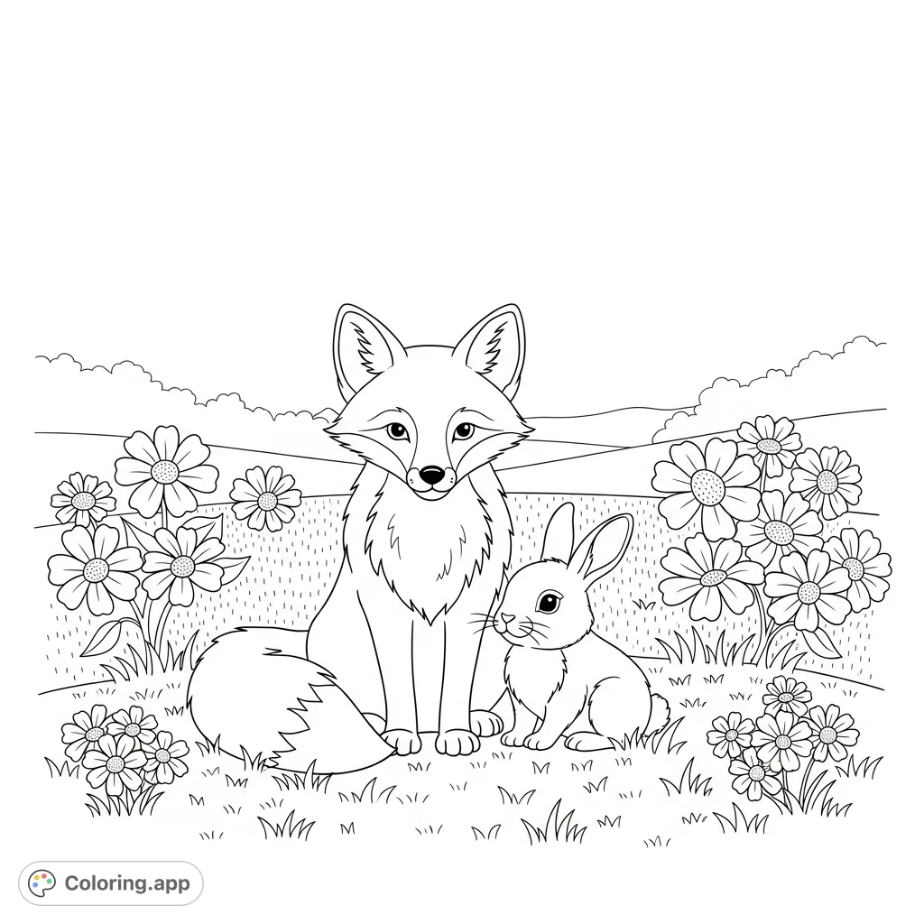 A charming coloring page featuring a friendly fox and a small rabbit sitting together in a peaceful meadow filled with simplified flowers. Perfect for all ages.