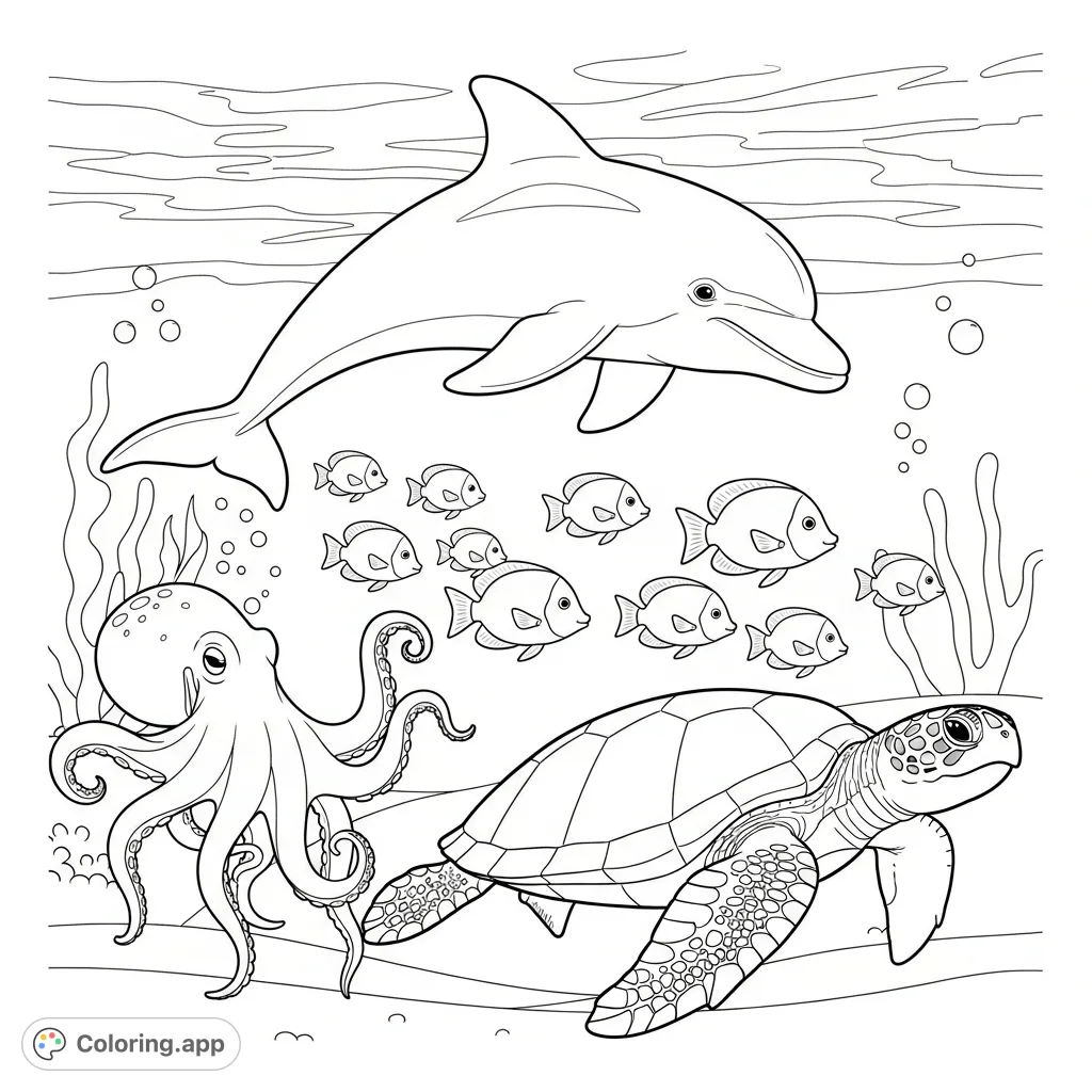 A joyful underwater scene featuring a dolphin, turtle, fish, and octopus in a friendly arrangement, perfect for exploring marine life with bold outlines.