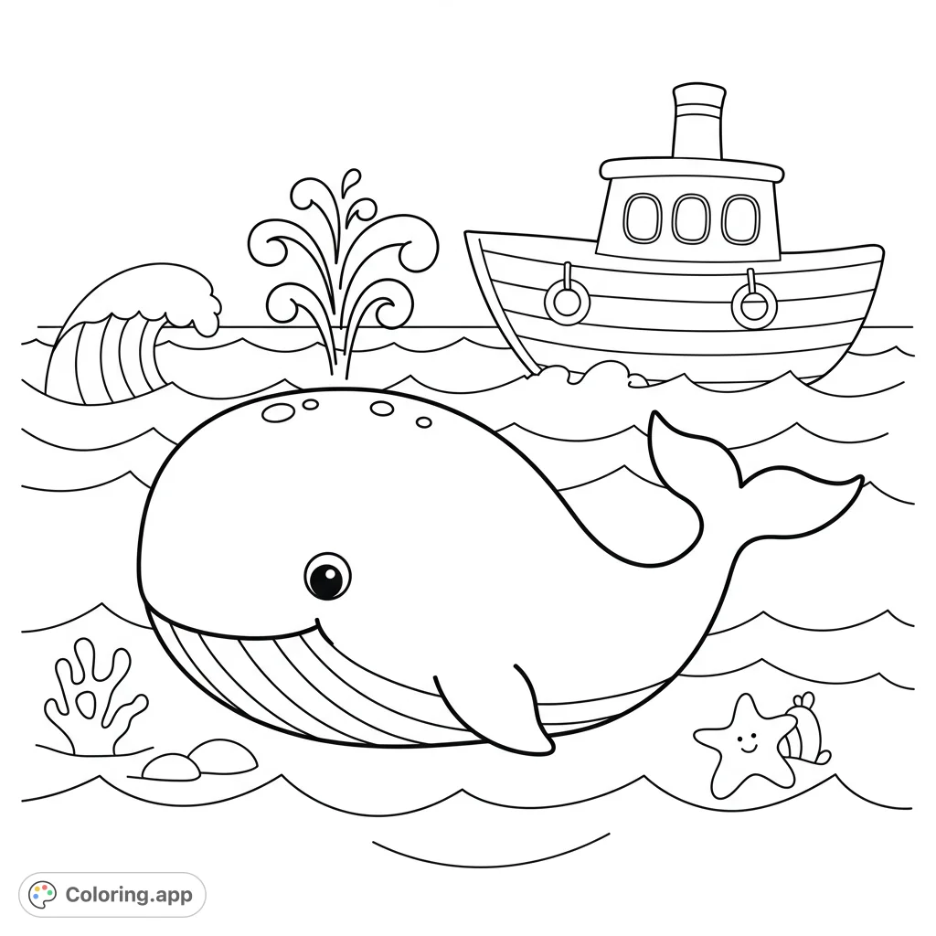 A cheerful whale spouts water near a friendly boat, with a smiling starfish and gentle ocean waves. A fun marine life coloring page for all ages.