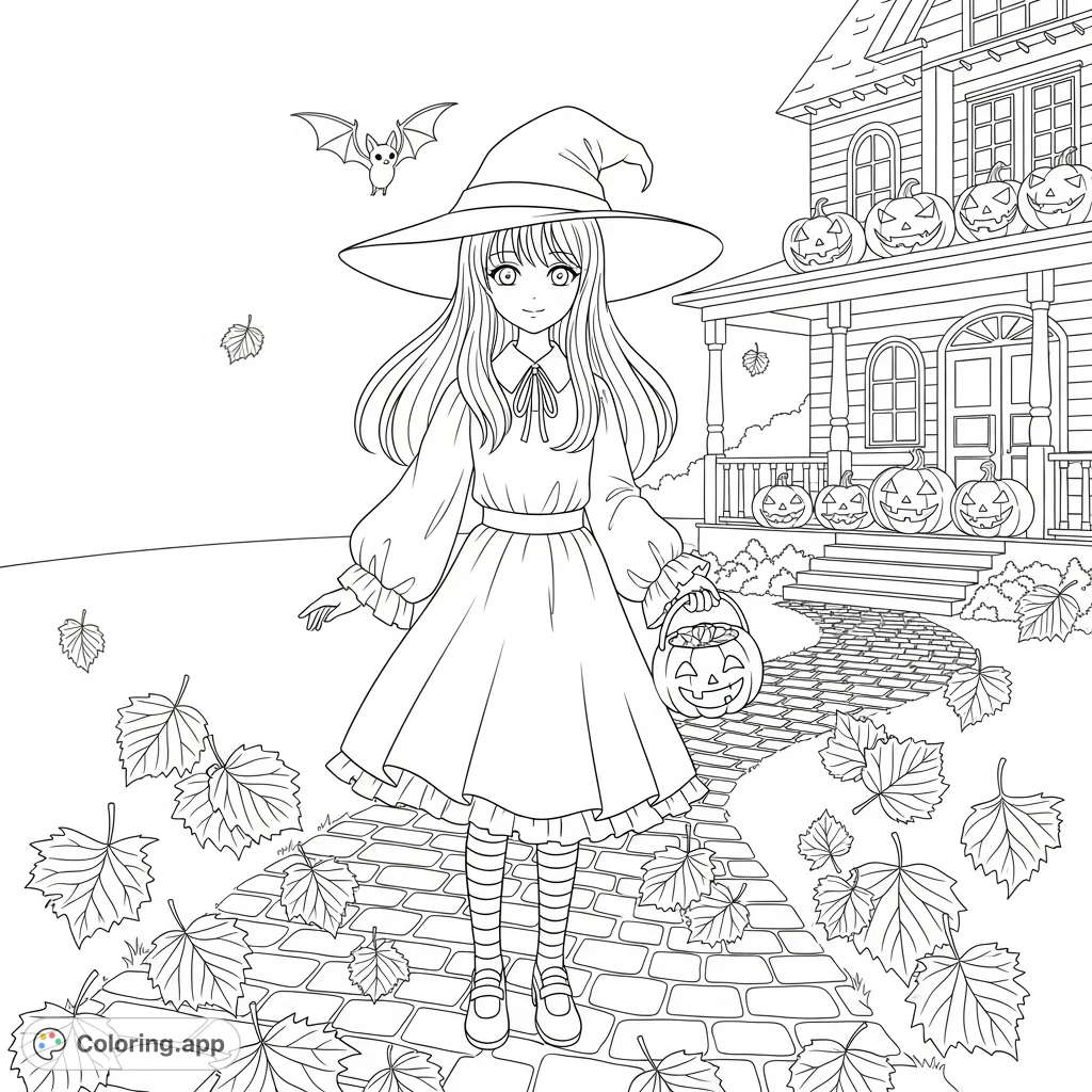 A charming coloring page featuring a friendly young witch with a smiling pumpkin basket, surrounded by autumn leaves and a whimsical bat, set against a quaint, decorated house.