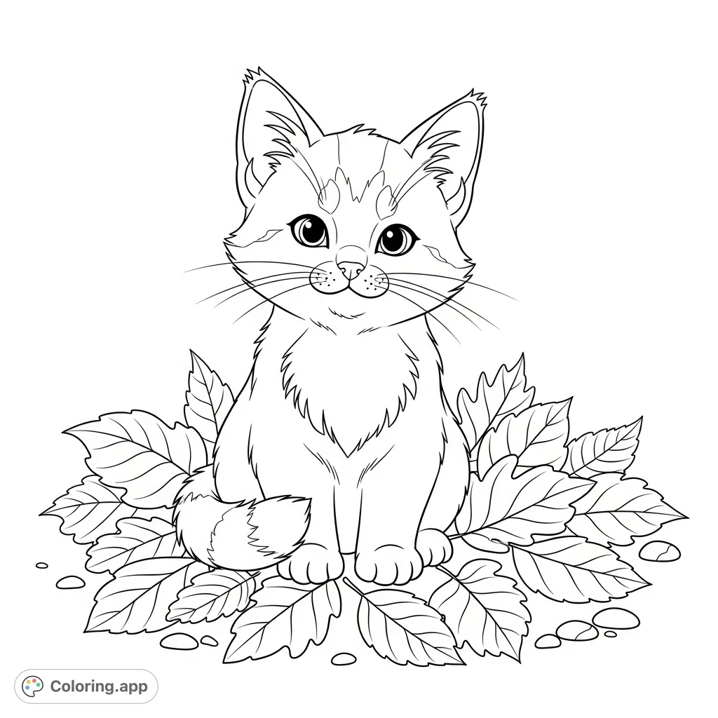 A charming lynx-kitten-styled woodland cat with soft ear tufts sits sweetly among a scatter of detailed leaves, showcasing a friendly, inviting expression.