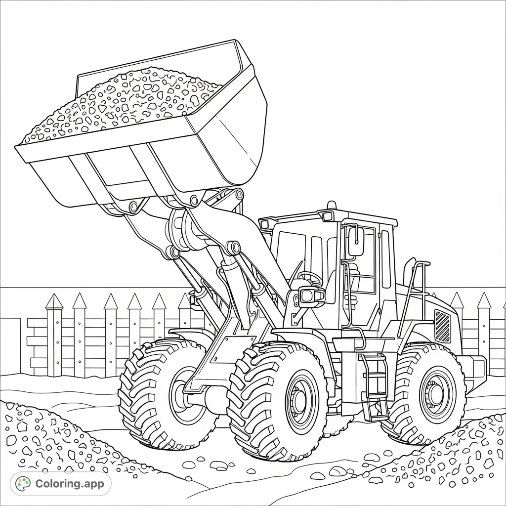 A detailed coloring page featuring a powerful wheeled front loader, its bucket brimming with gravel, set against a simplified construction fence.
