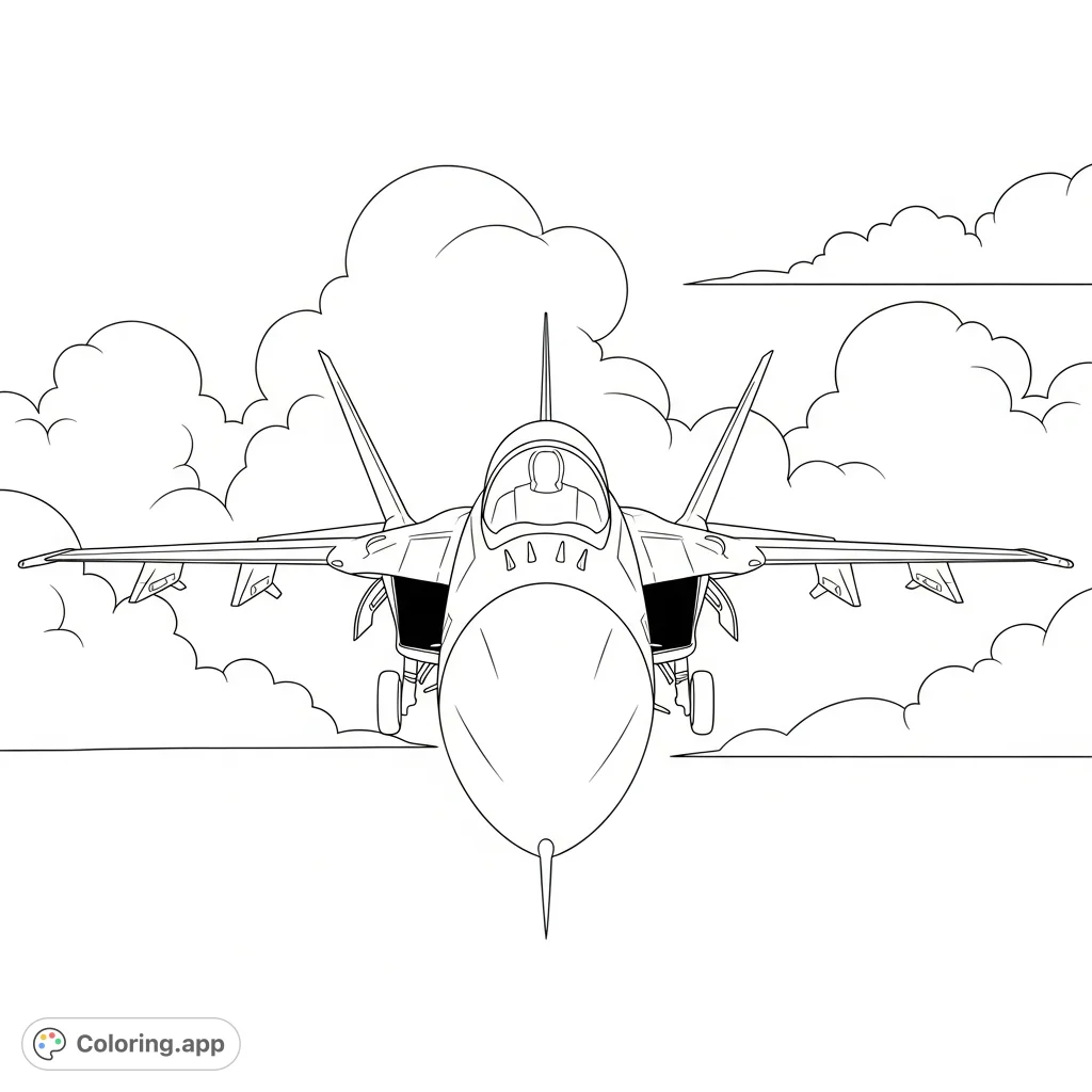 Color a dynamic fighter jet in a powerful front view, featuring its pointed nose, angled wings, and simplified cloud backdrop. Perfect for aviation enthusiasts!