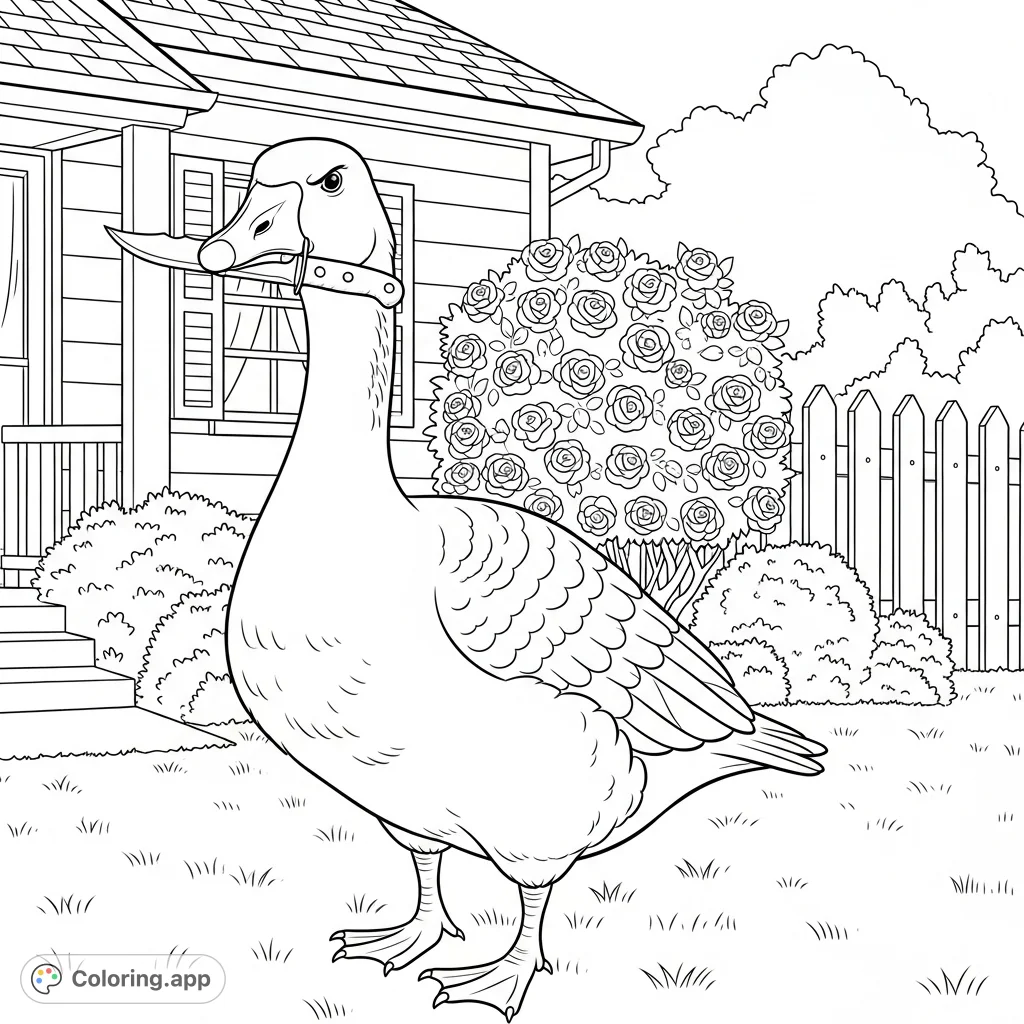 A furious goose, switchblade in beak, stands on a manicured lawn before a quaint suburban house, picket fence, and rose bush. A unique, unexpected scene.