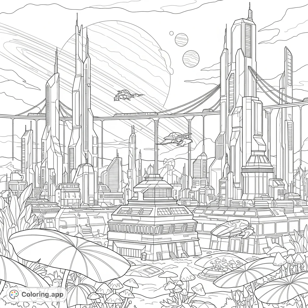 Explore a magnificent futuristic city on an alien planet, featuring towering skyscrapers, intricate sky-bridges, unique flora, and sleek flying vehicles under a distinct celestial body.