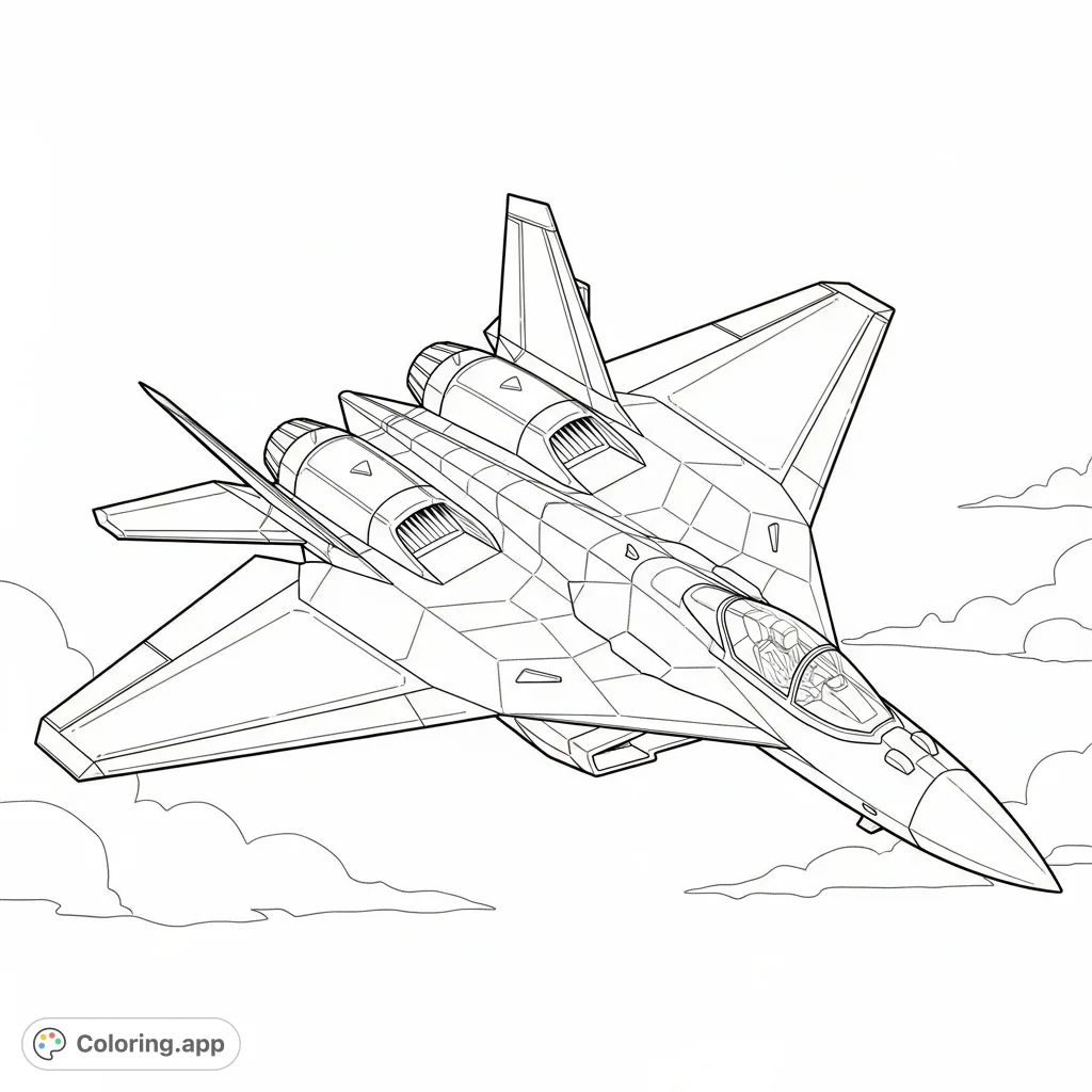 Soar into the future with this sleek concept fighter jet. Featuring angular surfaces and prominent intakes, it's ready for your creative touch and detailed coloring.