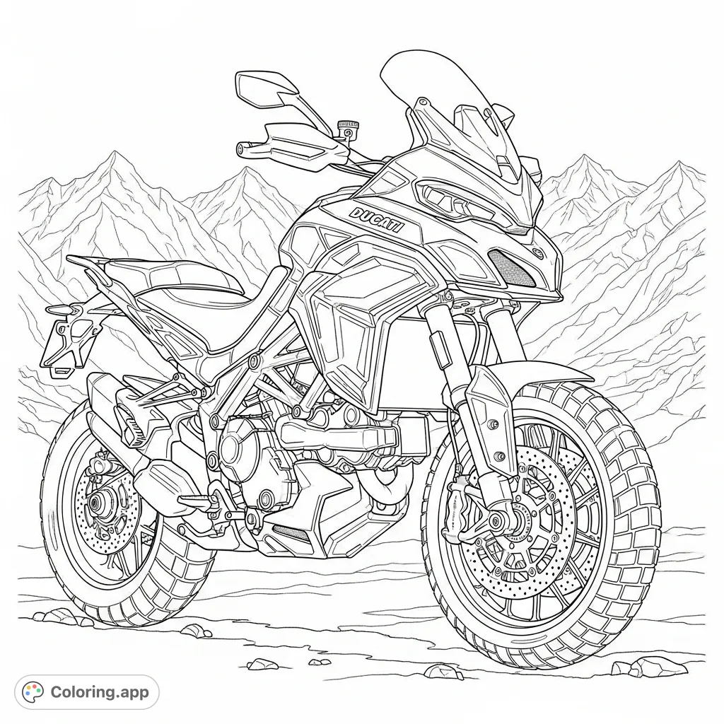 Embark on a thrilling journey with this futuristic Ducati Multistrada concept. Intricate armor-like fairings and rugged mountainous terrain await your creative touch.