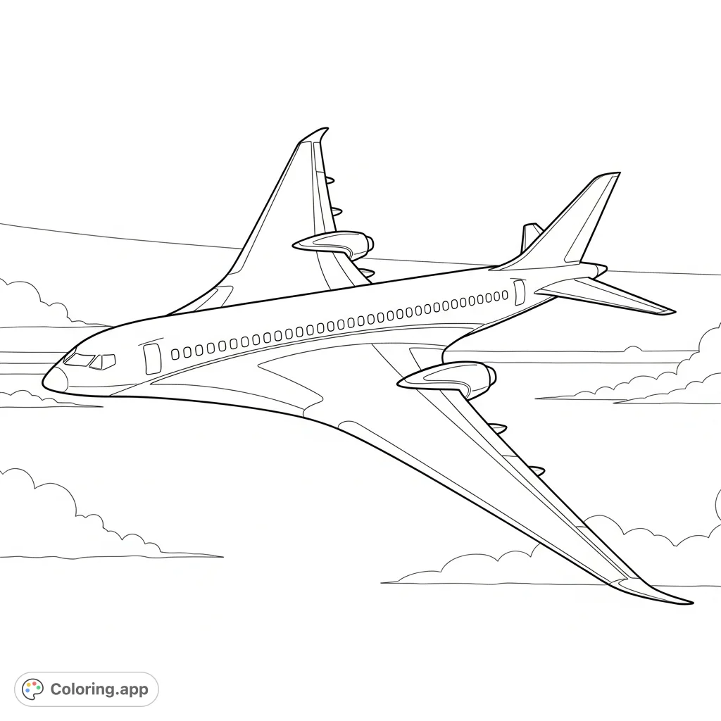 A sleek, futuristic airliner with a blended wing design takes flight against a minimal sky. Explore innovative aviation forms and intricate details.