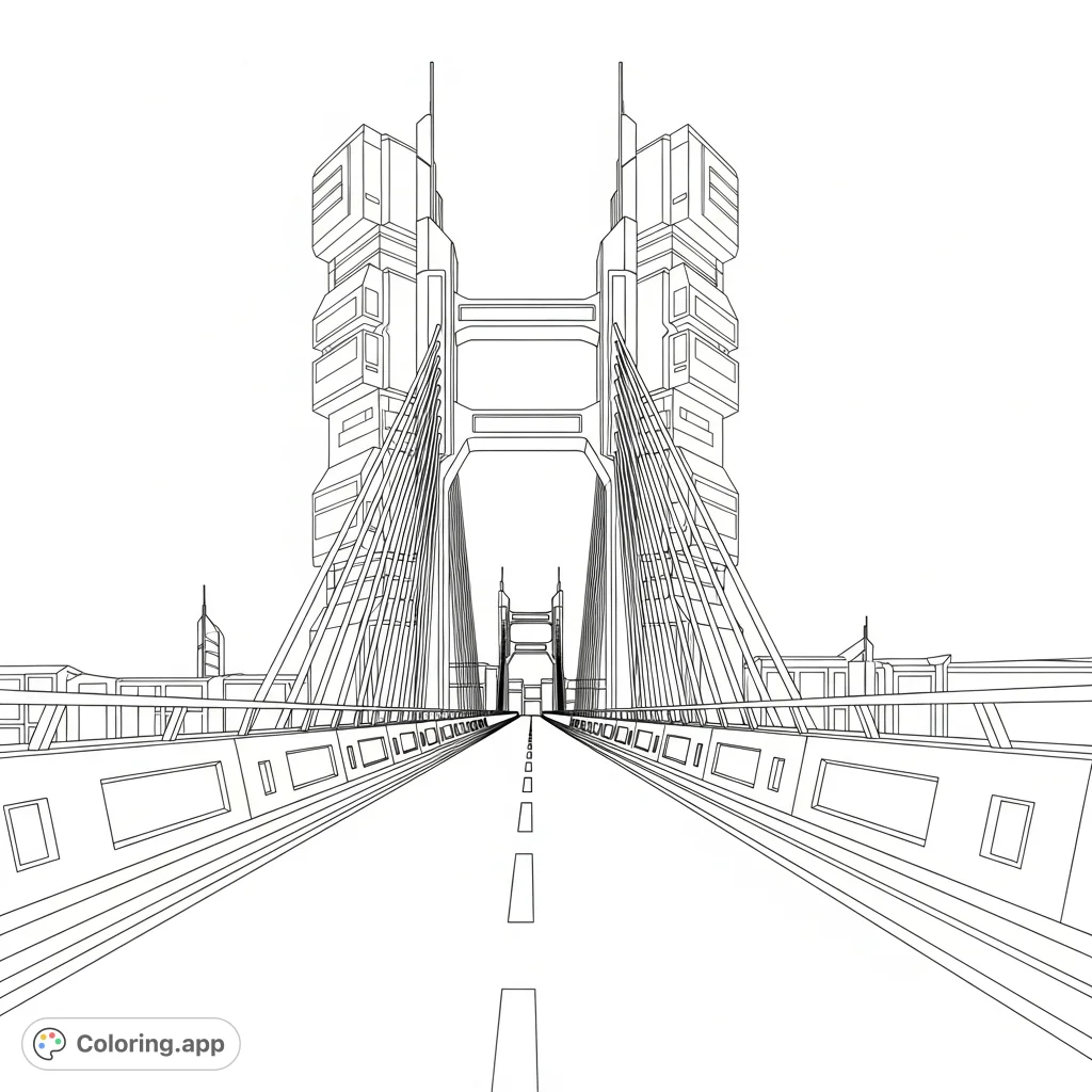 Embark on a journey to the future! This coloring page features a sleek futuristic bridge with luminous side rails and towering cityscape structures in the background.