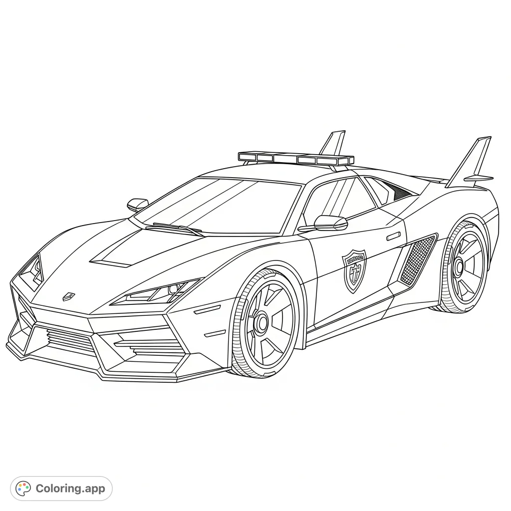 A high-tech futuristic police car with sharp lines and advanced features, ready for a detailed coloring session. Perfect for sci-fi enthusiasts!