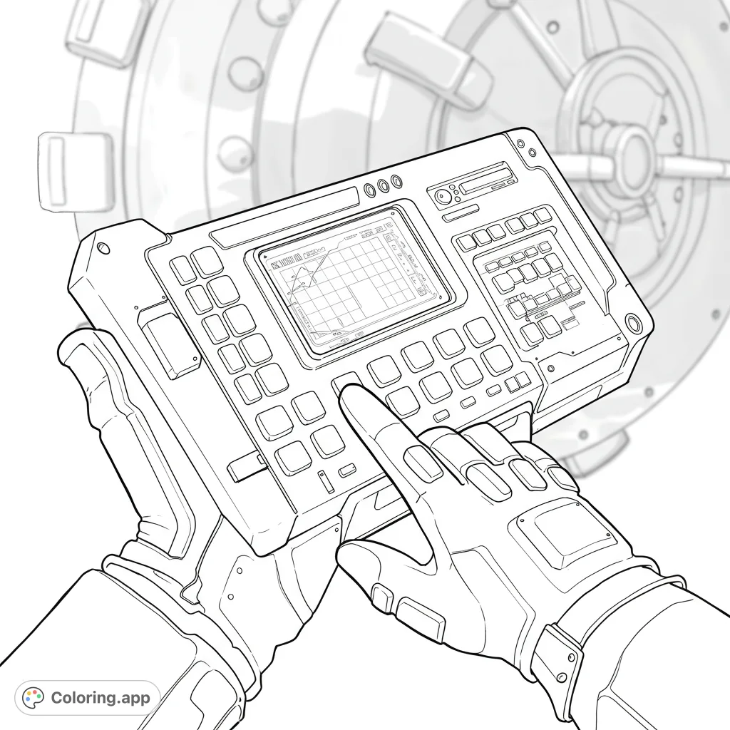 A futuristic device held by gloved hands, operating in front of a massive vault door. Intricate tech details for a thrilling sci-fi coloring adventure.