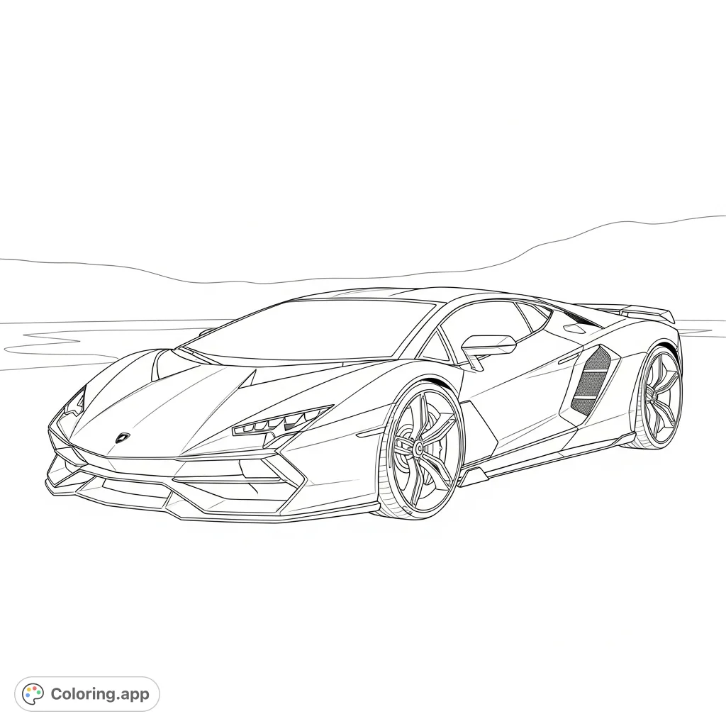 Color a sleek Lamborghini-inspired electric concept car with smooth, flowing surfaces against a minimalist background. Perfect for car enthusiasts.
