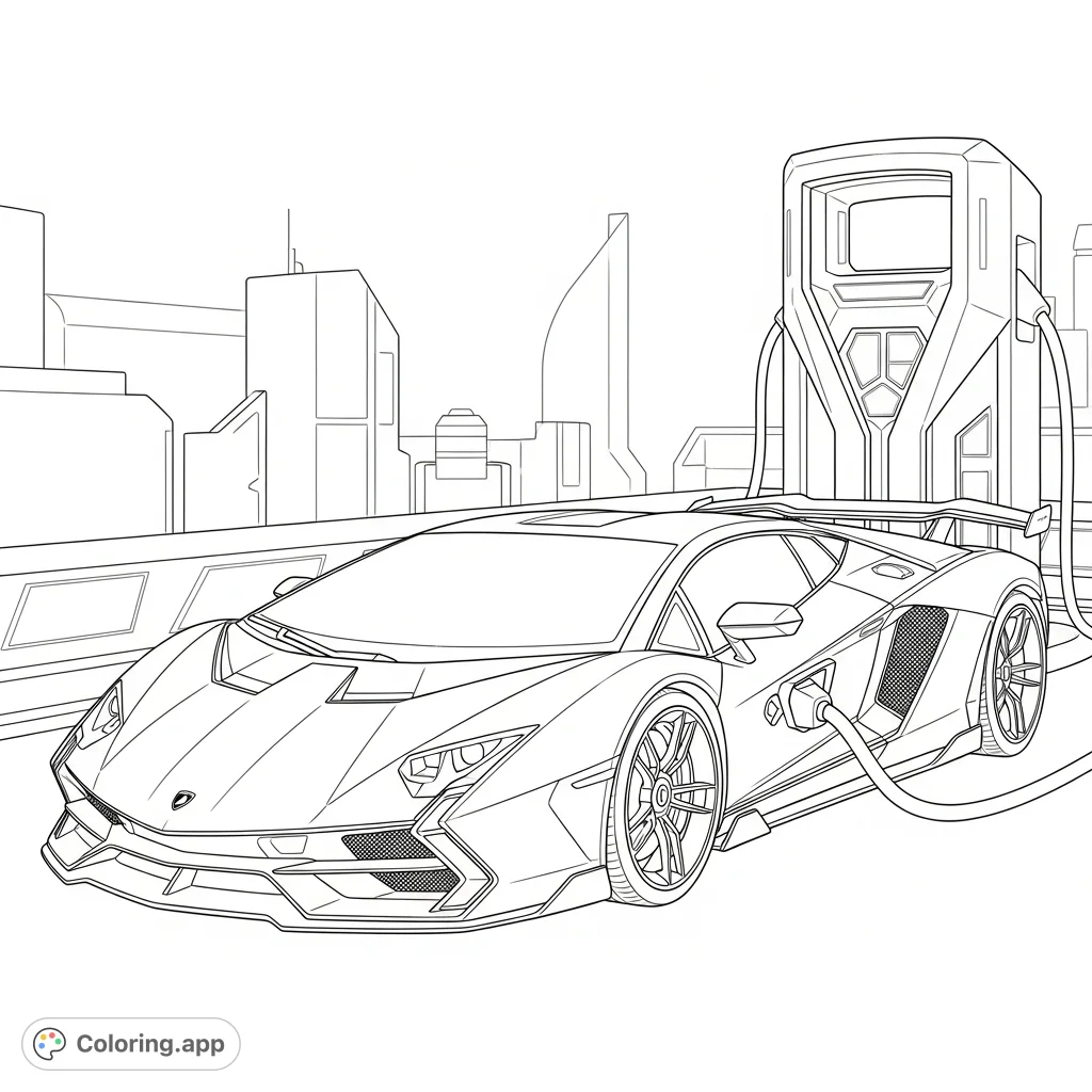 A powerful, Lamborghini-inspired electric supercar recharges at a sleek, futuristic station with simplified cables and glowing panels.
