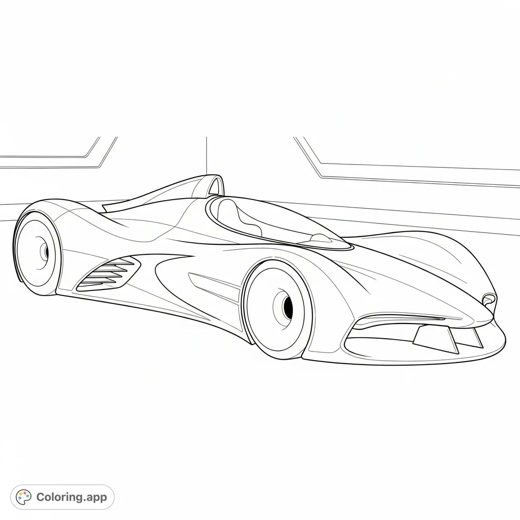 Dive into the future with this sleek F1-style concept car coloring page. Featuring enclosed wheels and smooth curves, perfect for any tech enthusiast.