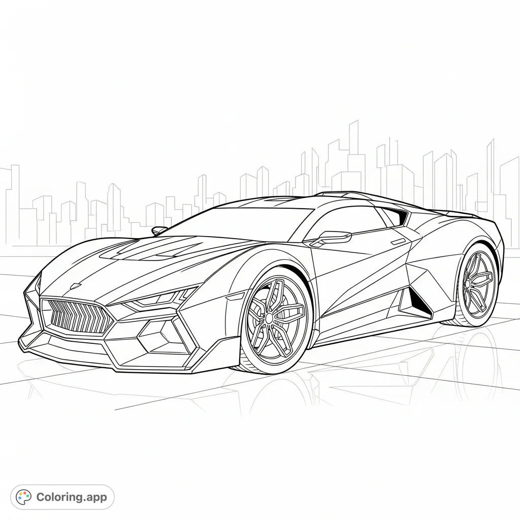 Dive into a detailed futuristic hot rod concept coloring page, featuring angular body panels, intricate wheels, and a sleek, aerodynamic design for hours of fun.