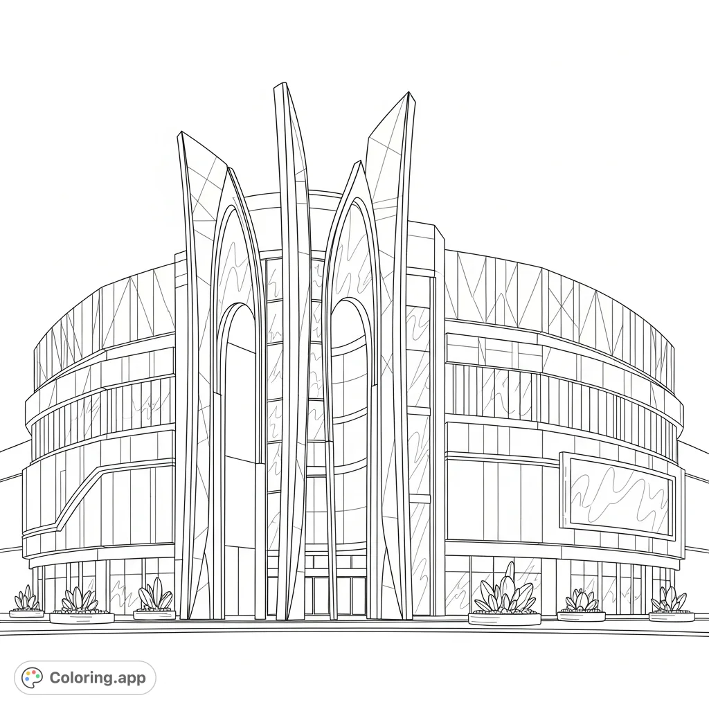 Explore a captivating futuristic mall façade. This complex design features layered panels, towering archways, and abstract elements for an immersive coloring experience.