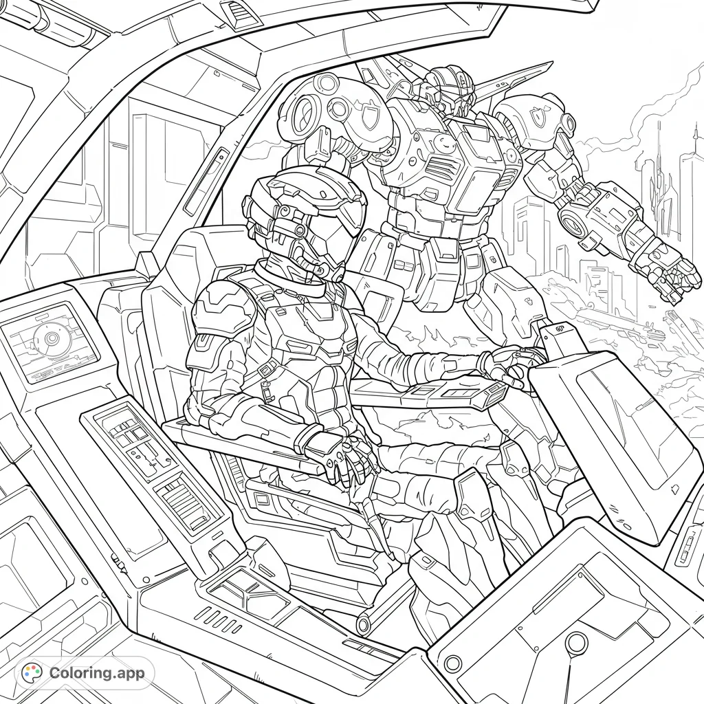 Immerse yourself in a futuristic mech battle! A detailed pilot in a high-tech cockpit overlooks a powerful giant robot amidst a dynamic cityscape.