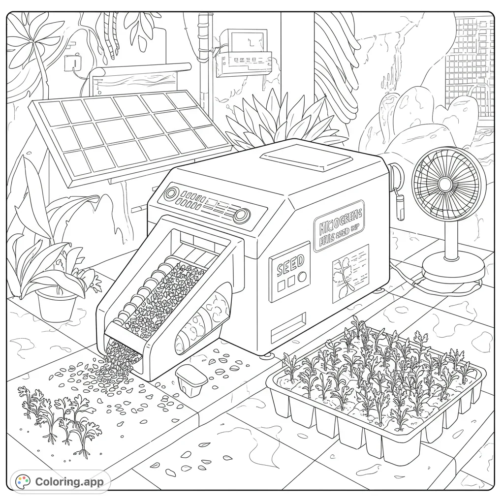 Explore a futuristic microgreens cultivation setup with an automated seed planter, solar panel, and fresh seedlings. A free printable coloring page.