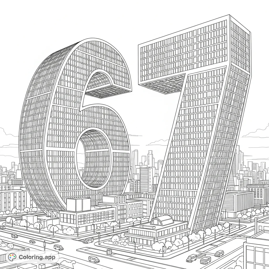 A colossal futuristic city skyline at dawn with skyscrapers shaped like numbers '6' and '7', intricate geometric details, and bustling streets below.