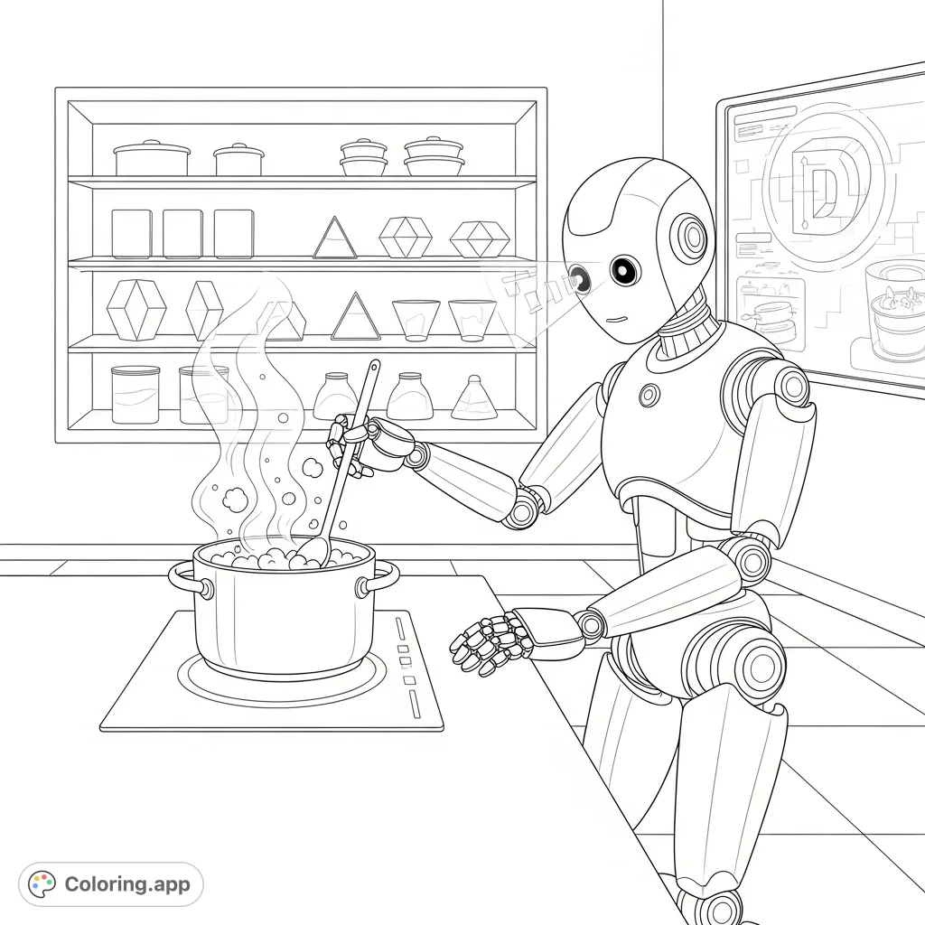 A detailed coloring page featuring a bipedal robot expertly cooking in a sleek, high-tech kitchen with digital displays and futuristic appliances.