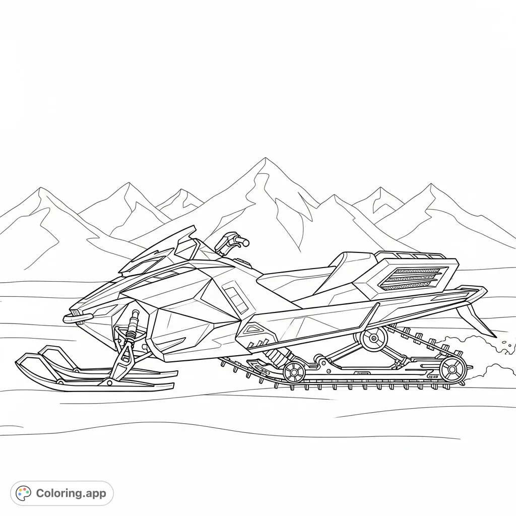 Color a sleek, angular futuristic snowmobile with robust tracks against a backdrop of minimalist mountain peaks and snowy terrain. Explore a high-tech winter scene.