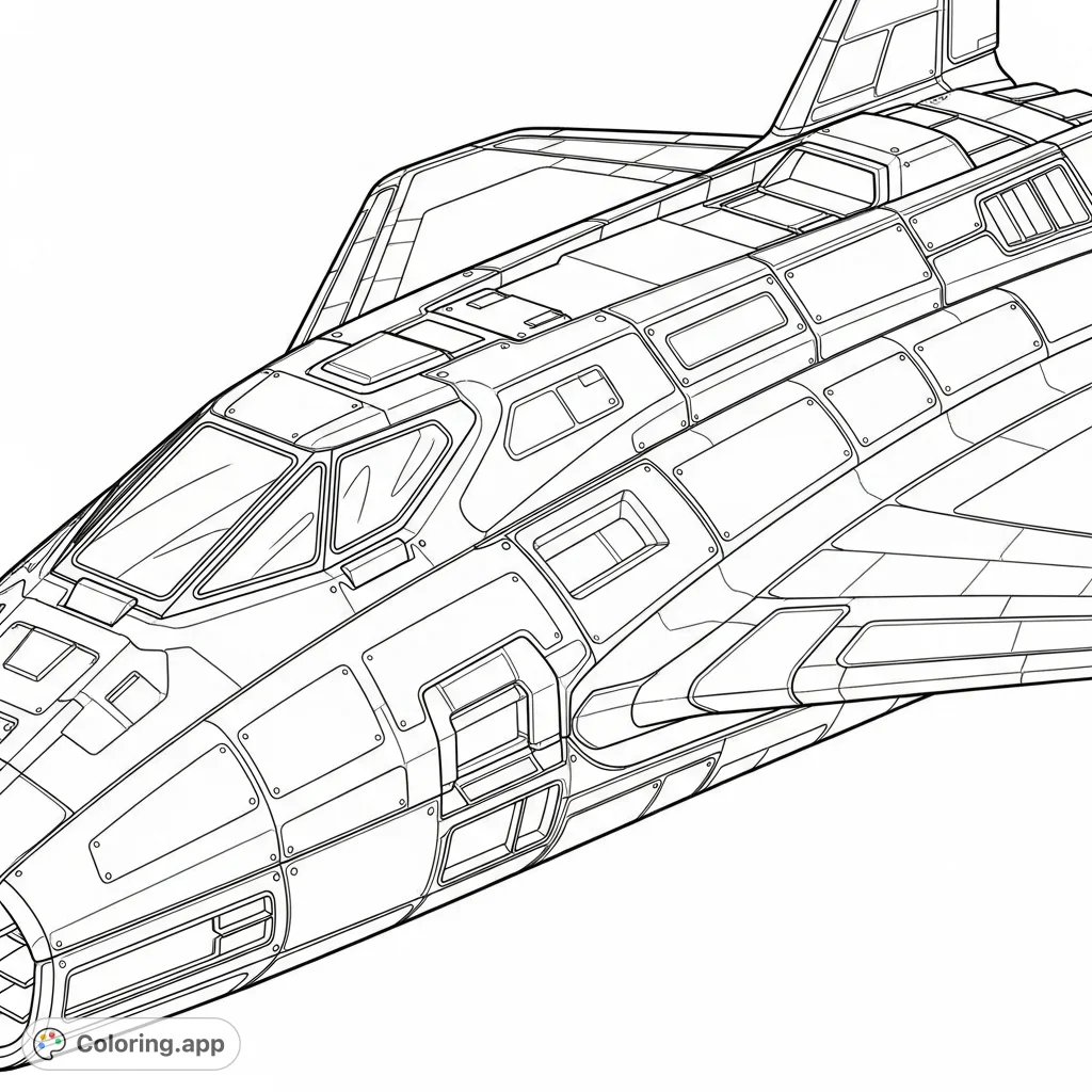 Detailed technical cutaway coloring page of a futuristic spacecraft's exterior panels, perfect for design enthusiasts to explore structure and form.