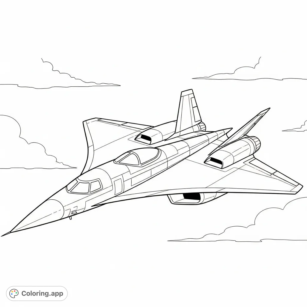 Soar into creativity with this detailed supersonic jet coloring page, featuring a sleek design, delta wings, and futuristic appeal for all ages.