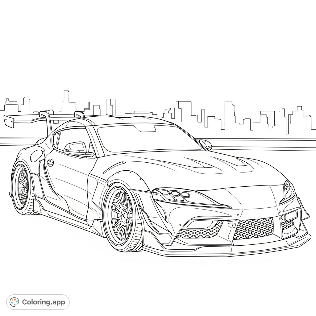 A bold, futuristic Supra MK5 concept car with exaggerated aerodynamics, sharp lines, and wide body elements, set against a sleek, urban backdrop.