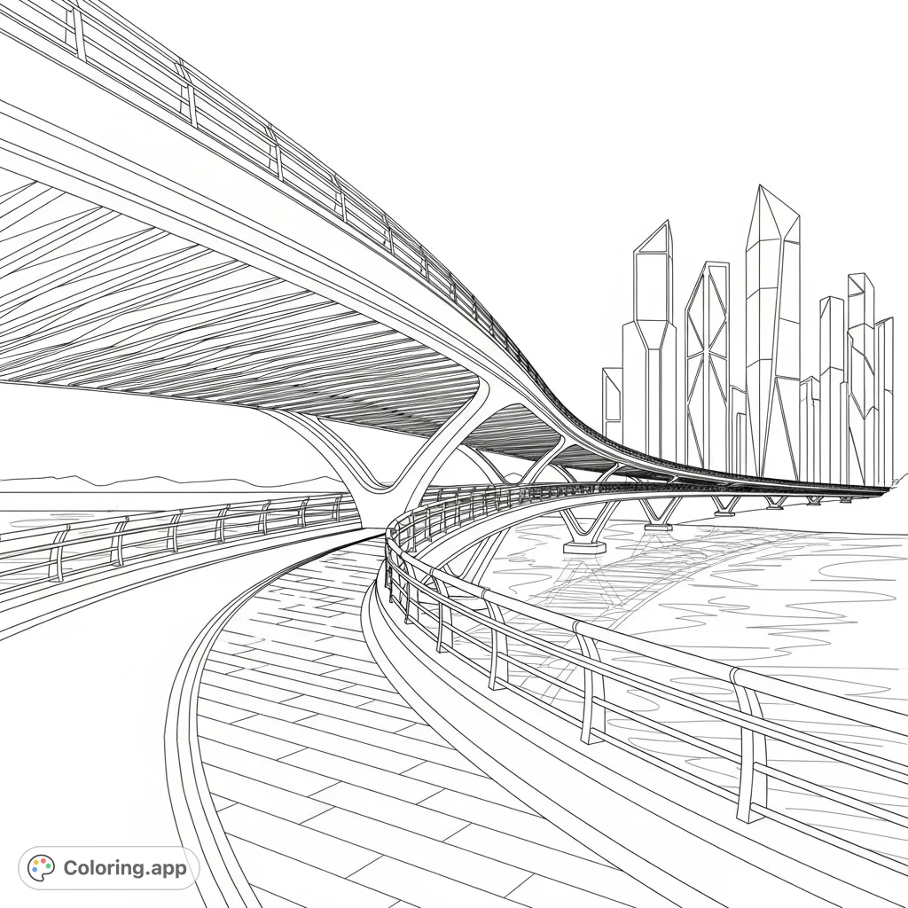 An elegant futuristic pedestrian bridge twisting over serene water, framed by minimalist buildings. A captivating design for modern architecture enthusiasts.