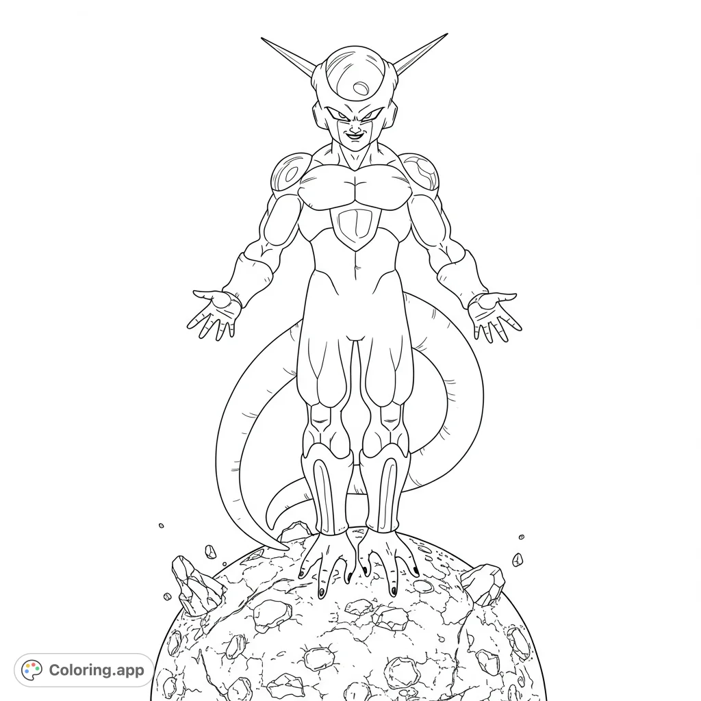 Iconic anime villain Frieza stands triumphantly on a cratered planetoid. A dynamic free printable anime villain coloring page.