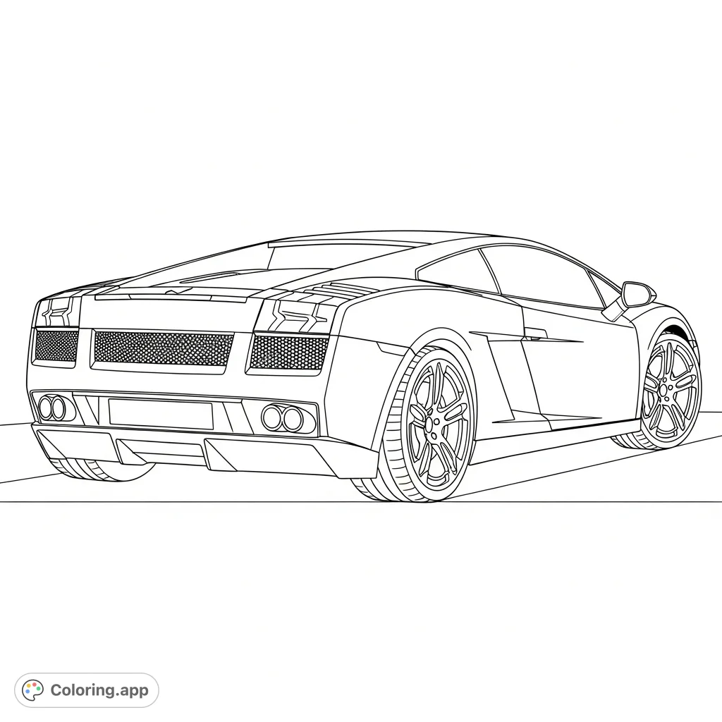 A dynamic coloring page featuring a Gallardo-inspired sports car from a rear three-quarter view, highlighting bold vents and sleek taillights for coloring.