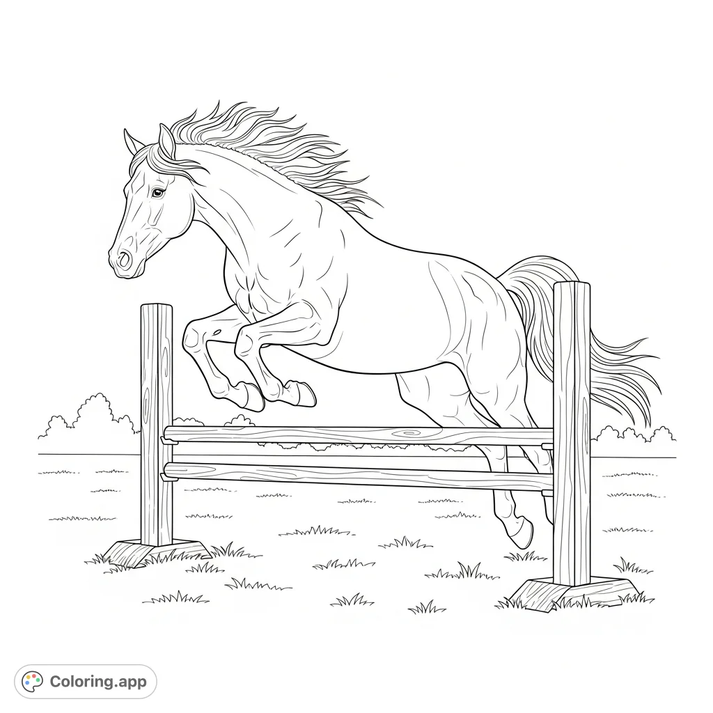 Capture the dynamic energy of a horse leaping over a hurdle. A graceful equine in powerful motion, perfect for animal lovers to bring to life.