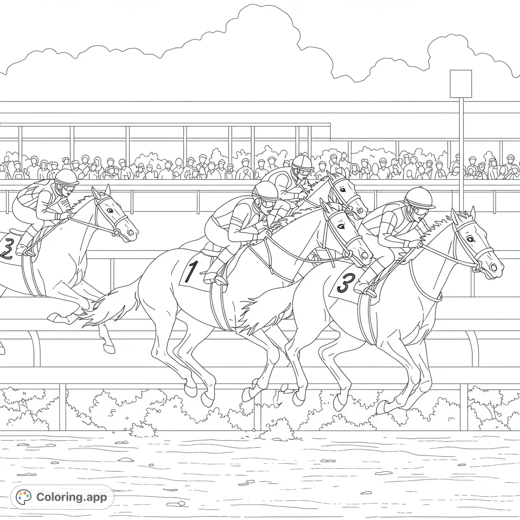Dynamic horse racing coloring page featuring four galloping horses and jockeys, with a grandstand crowd and track details. A thrilling free printable coloring page.