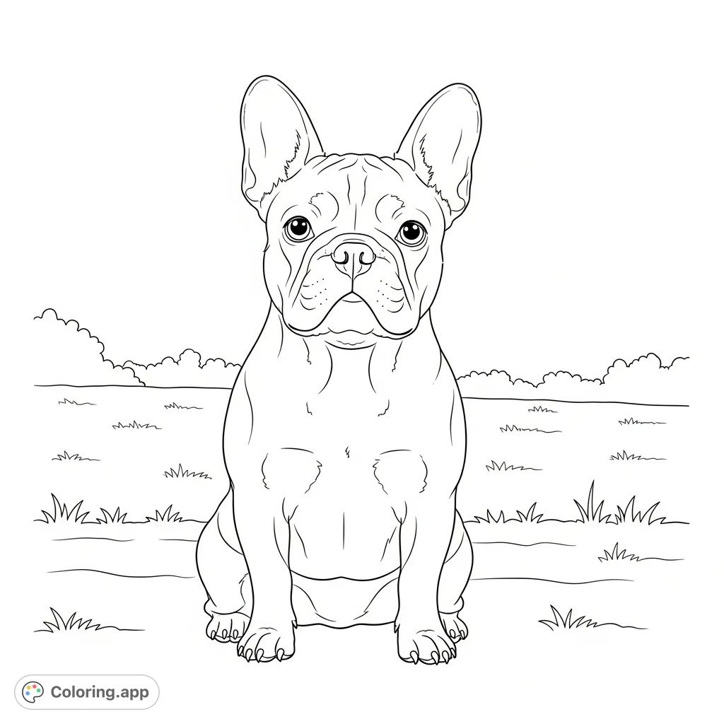 Color a charming French bulldog sitting calmly in a park. Features large ears, a gentle expression, and a grassy background for a relaxing scene.