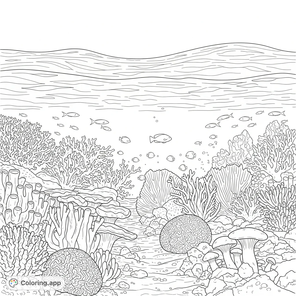 Immerse yourself in a serene reef shallows scene. Gentle waves ripple above diverse coral shapes and subtle marine life silhouettes, inviting peaceful coloring.