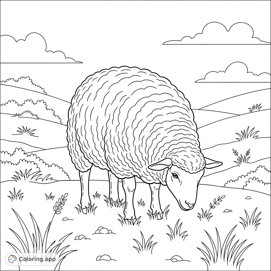 Immerse yourself in the tranquility of nature with this charming coloring page featuring a fluffy sheep grazing peacefully on a serene, rolling hillside.