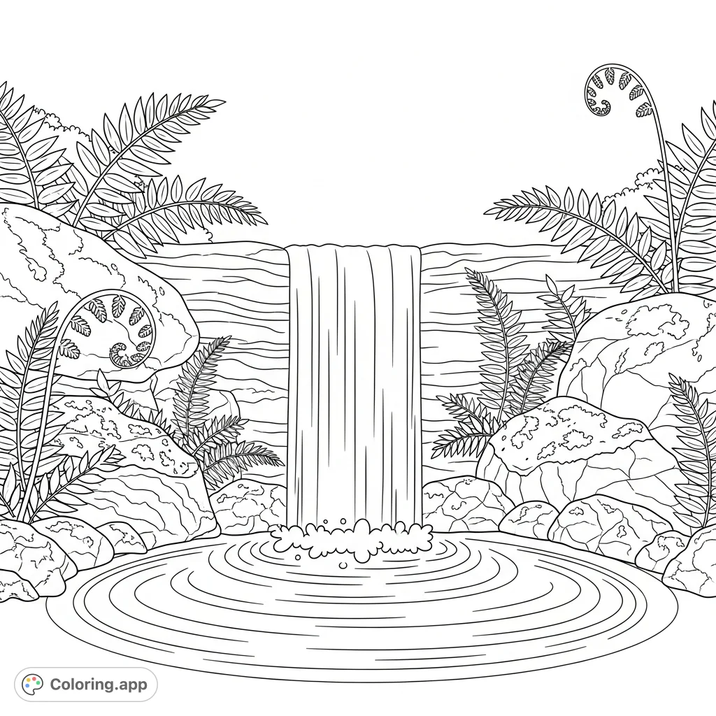 A tranquil coloring page featuring a gentle waterfall, a quiet pond, and lush mossy rocks with ferns, perfect for relaxation and creativity.