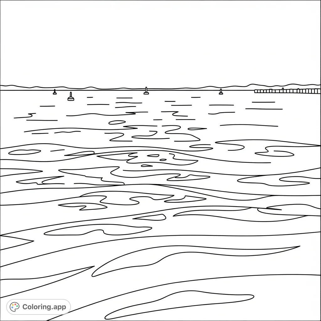 A serene waterfront scene features gentle waves with simplified light reflections shimmering on the surface. A distant horizon meets an open sky.