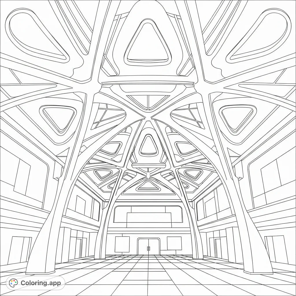 An intricate geometric atrium with sweeping curved beams and stylized skylights, offering a complex yet harmonious architectural design for detailed coloring.