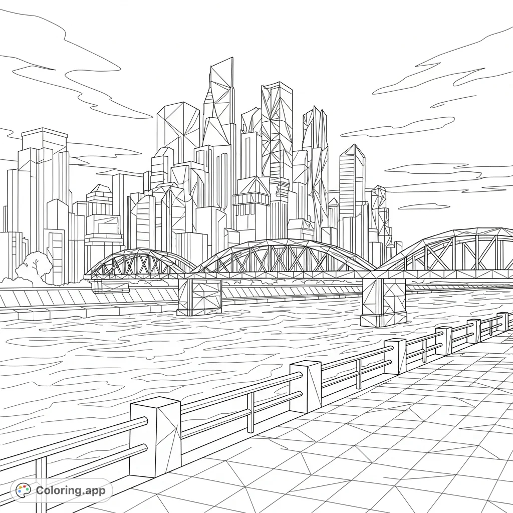 An intricate geometric cityscape featuring a river embankment, angular bridges, and a detailed skyline for a modern coloring experience.