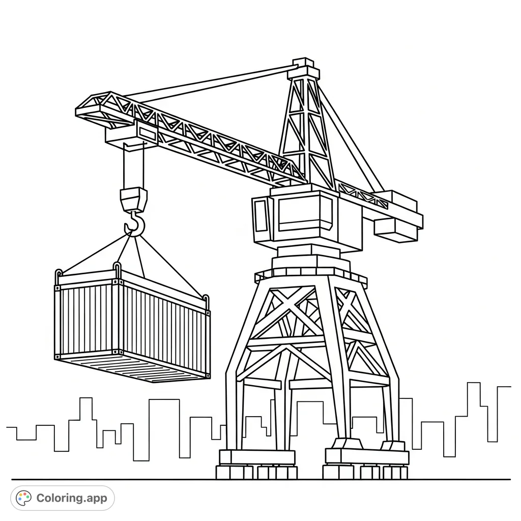 A modern tower crane, simplified to geometric forms, lifts a large shipping container over a subtle city background. Perfect for precision coloring.