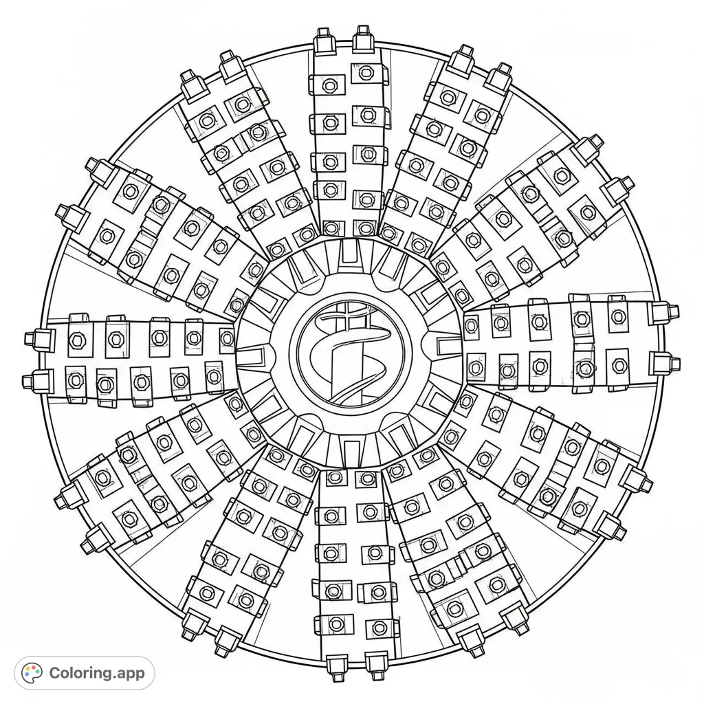 An intricate coloring page featuring a tunnel-boring machine faceplate with complex geometric patterns, cutting discs, and mechanical details.