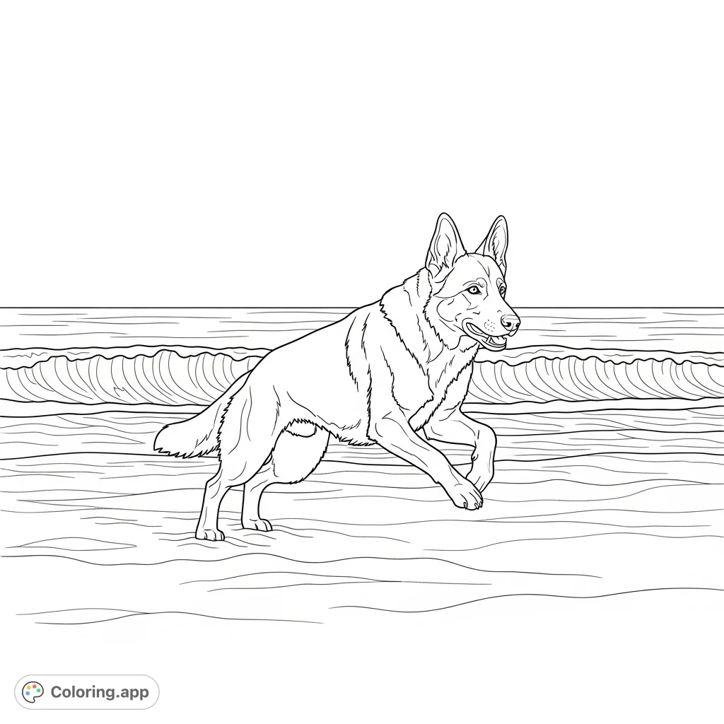 A dynamic coloring page featuring a German shepherd running joyfully on a simplified beach with rolling waves and textured sand. Perfect for dog lovers.