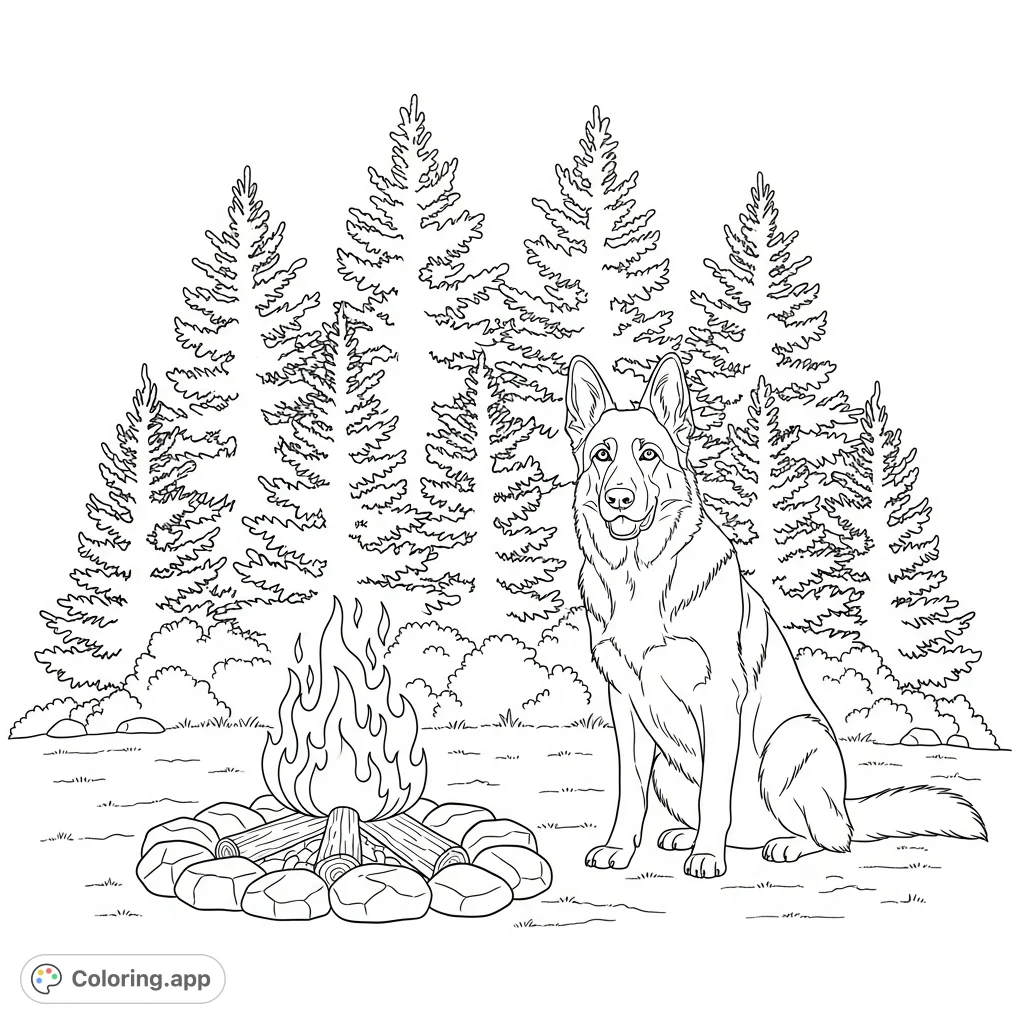 A calm German Shepherd sits by a simplified campfire, with tall pine trees in the background. A cozy, nature-inspired scene for all ages.
