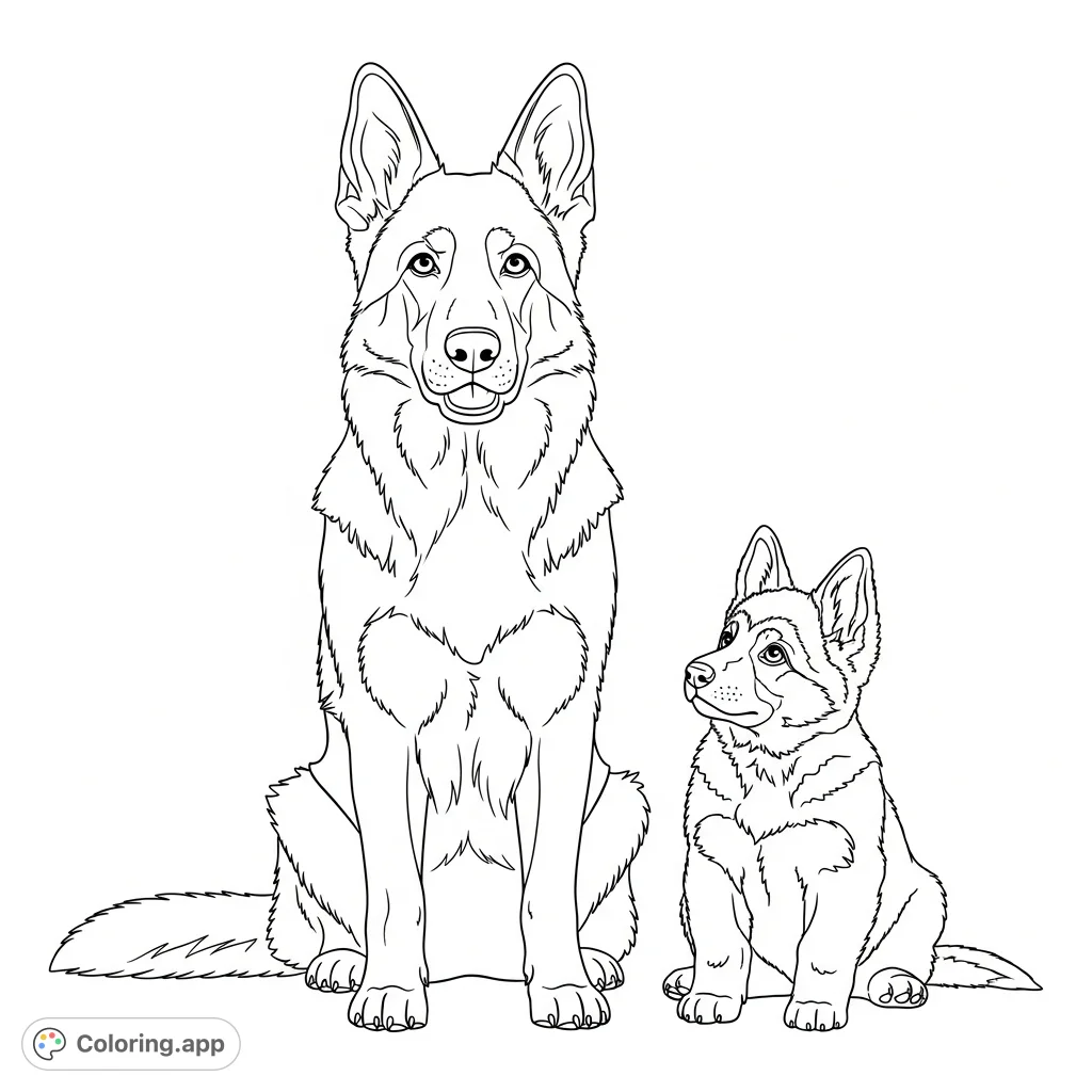 A heartwarming coloring page featuring a proud German Shepherd parent and an adorable puppy. Capture their bond and distinctive features on a simple backdrop.