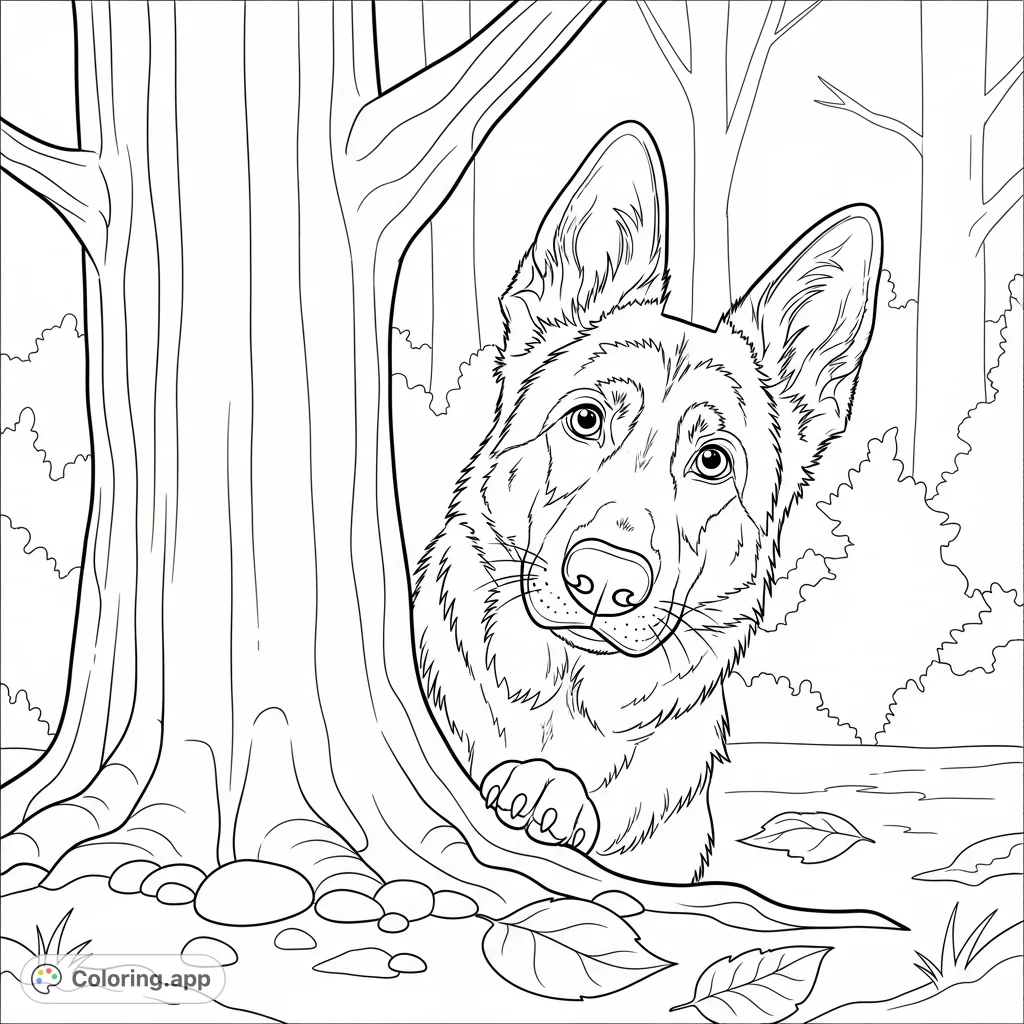 A charming German Shepherd peeks curiously around a sturdy tree trunk in a tranquil forest setting, with minimal ground details for easy coloring.