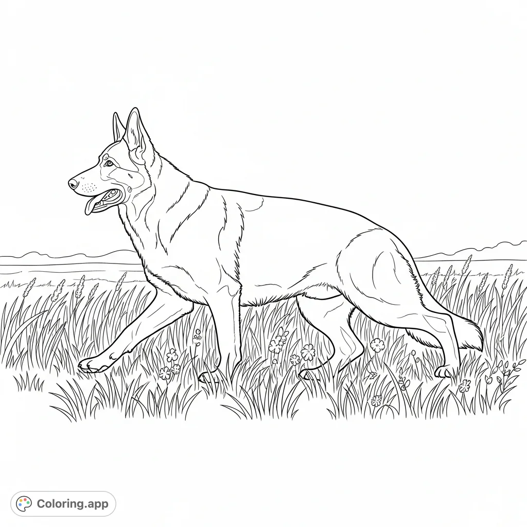 A majestic German Shepherd walks through a field of tall grass, head high, tail relaxed. This detailed coloring page captures the dog's calm demeanor in a natural setting.