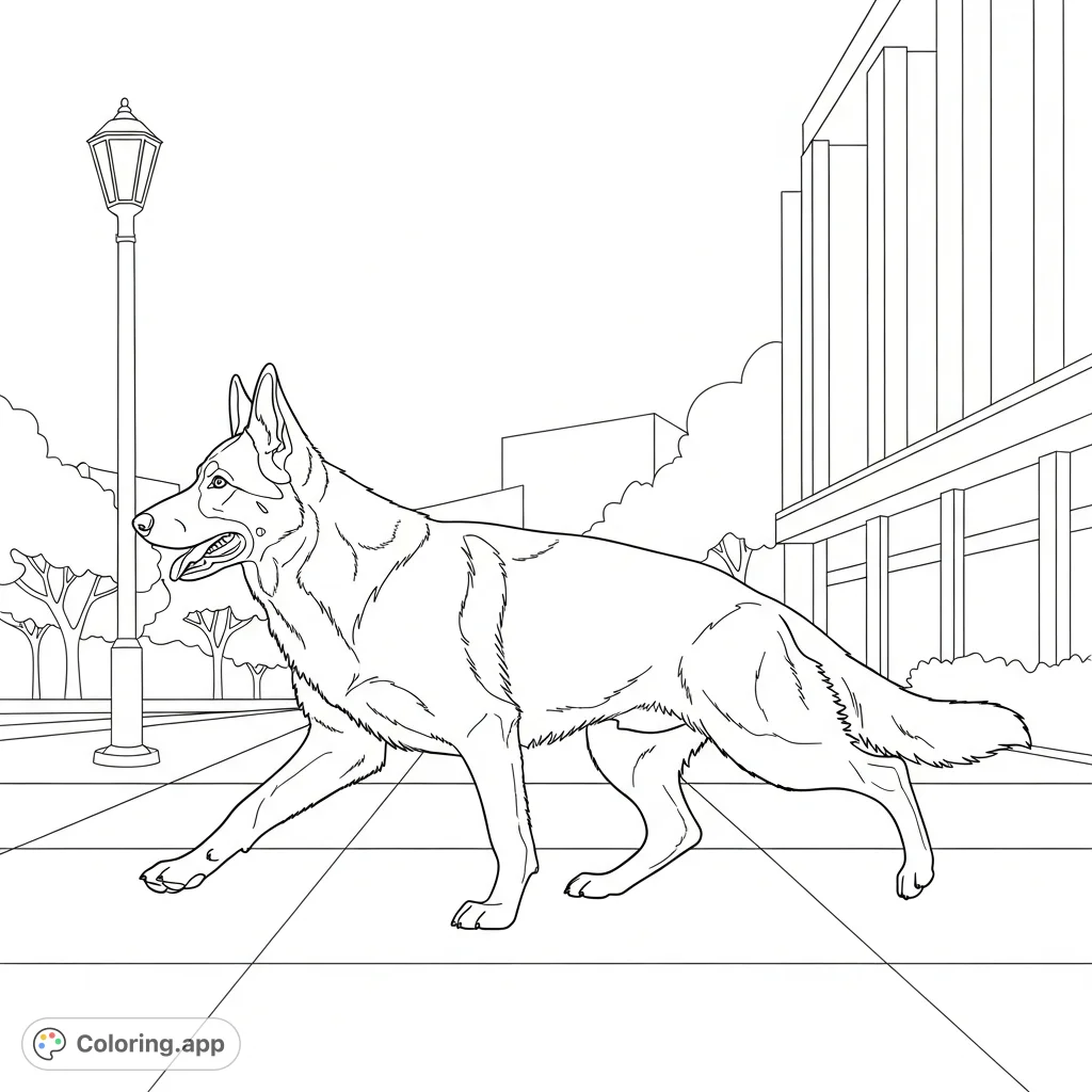 A majestic German shepherd trots along a city sidewalk, surrounded by simplified urban scenery. Perfect for dog lovers and urban scene enthusiasts!